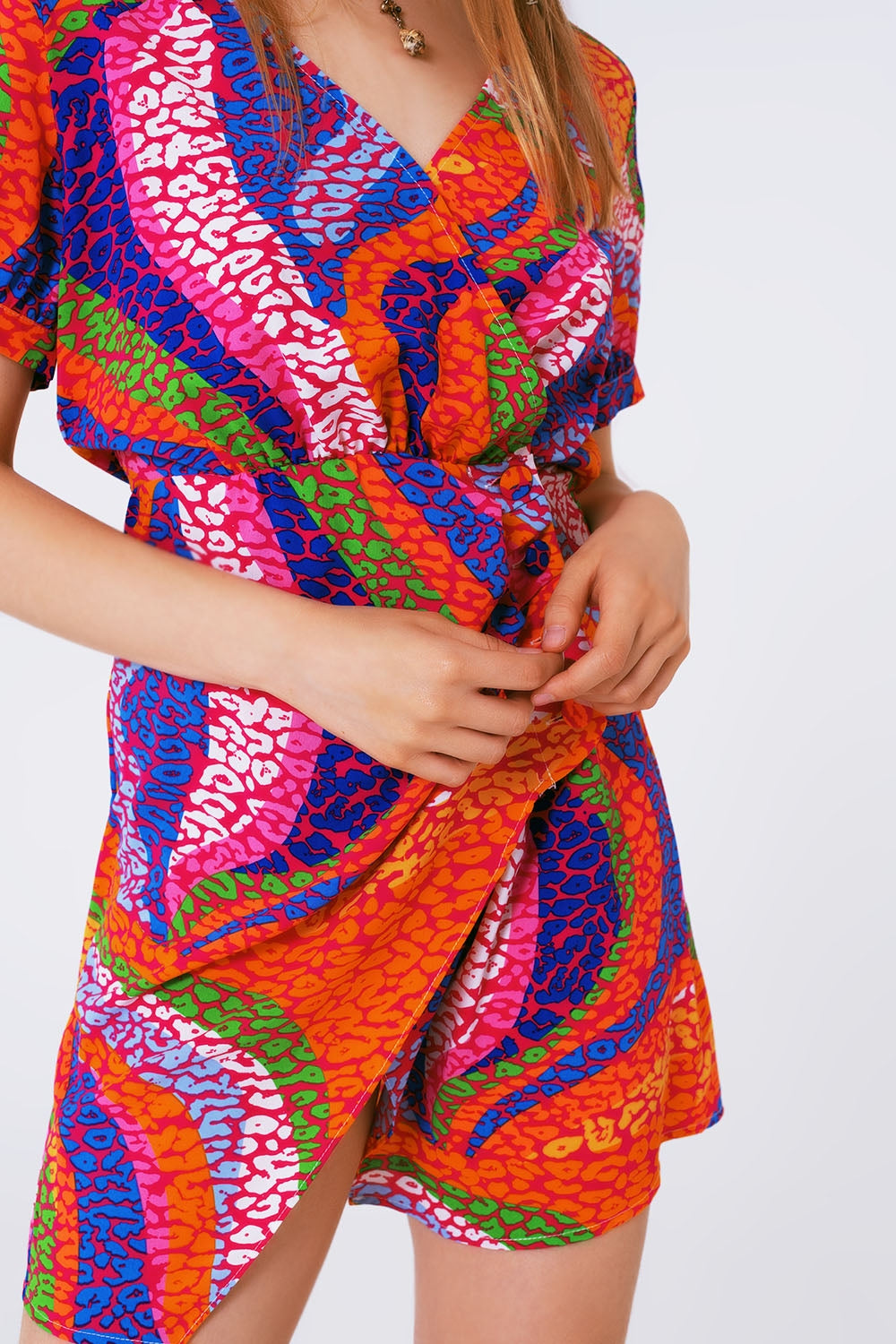 multicolor printed wrap mini dress in pink - dress