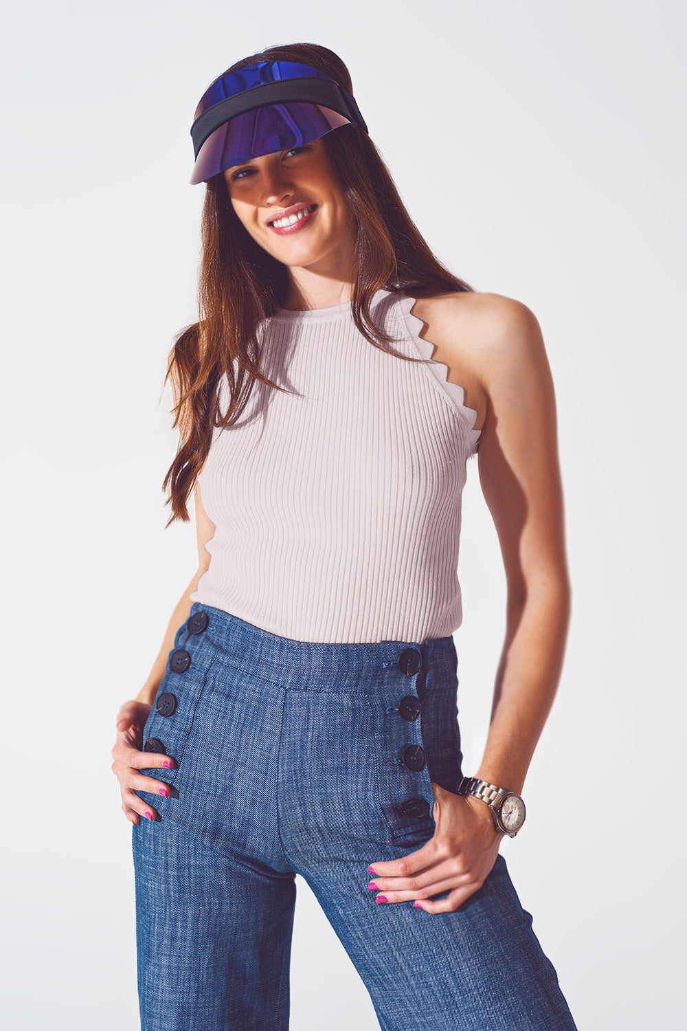 Ribbed Halter Top With Scalloped Finish in beige