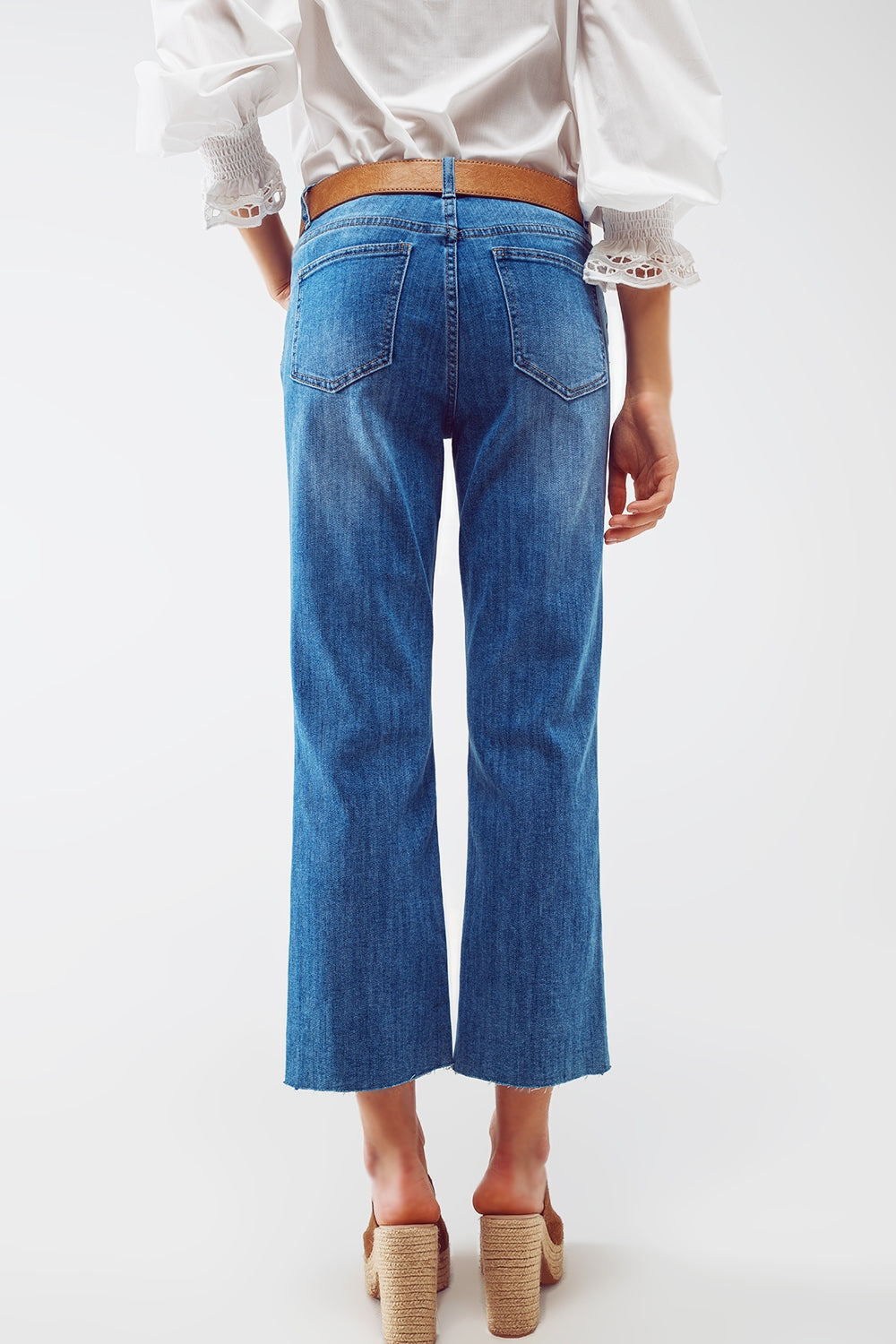 Mid Wash Straight Jeans With Raw Hem in Blue - Denim
