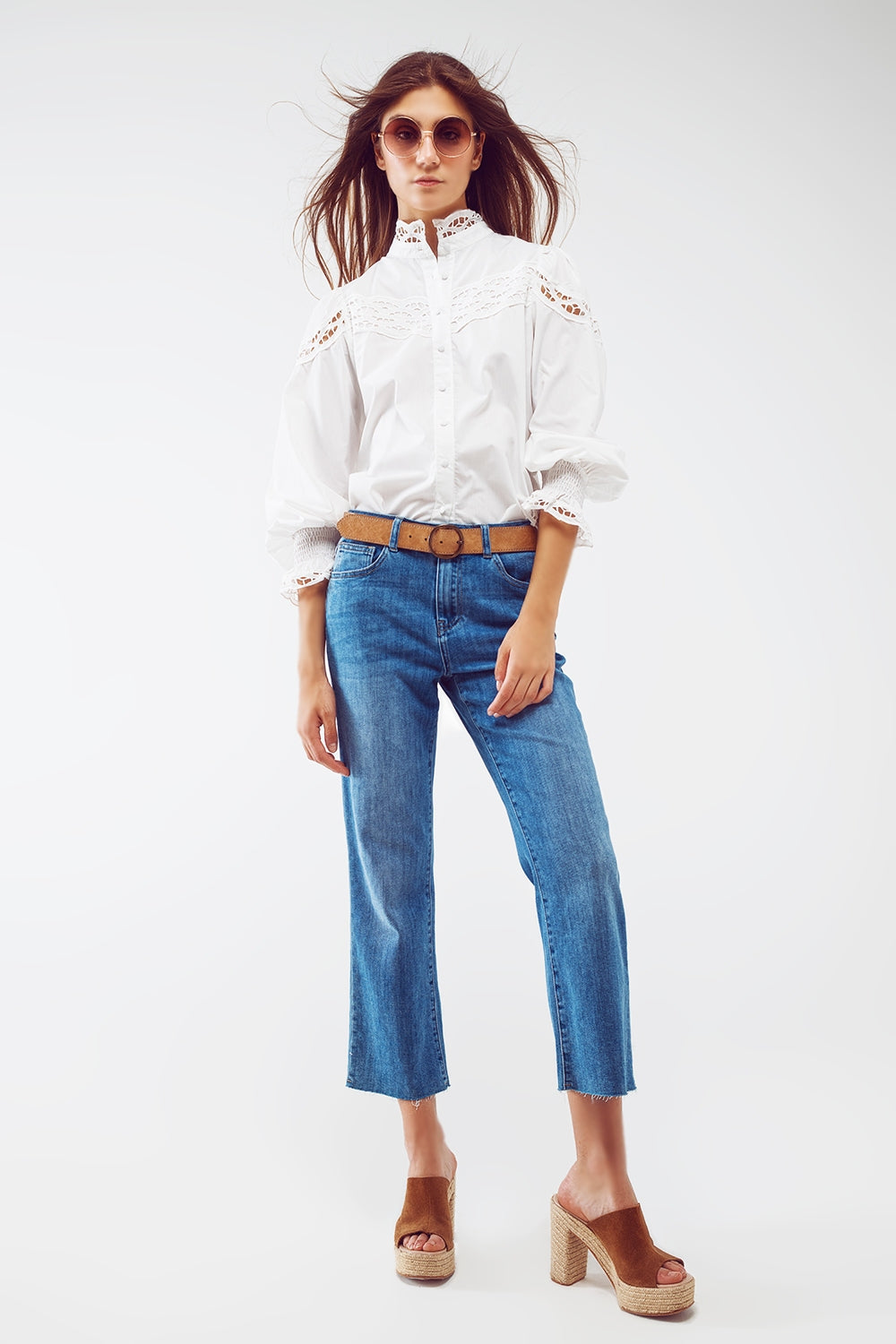Mid Wash Straight Jeans With Raw Hem in Blue - Denim