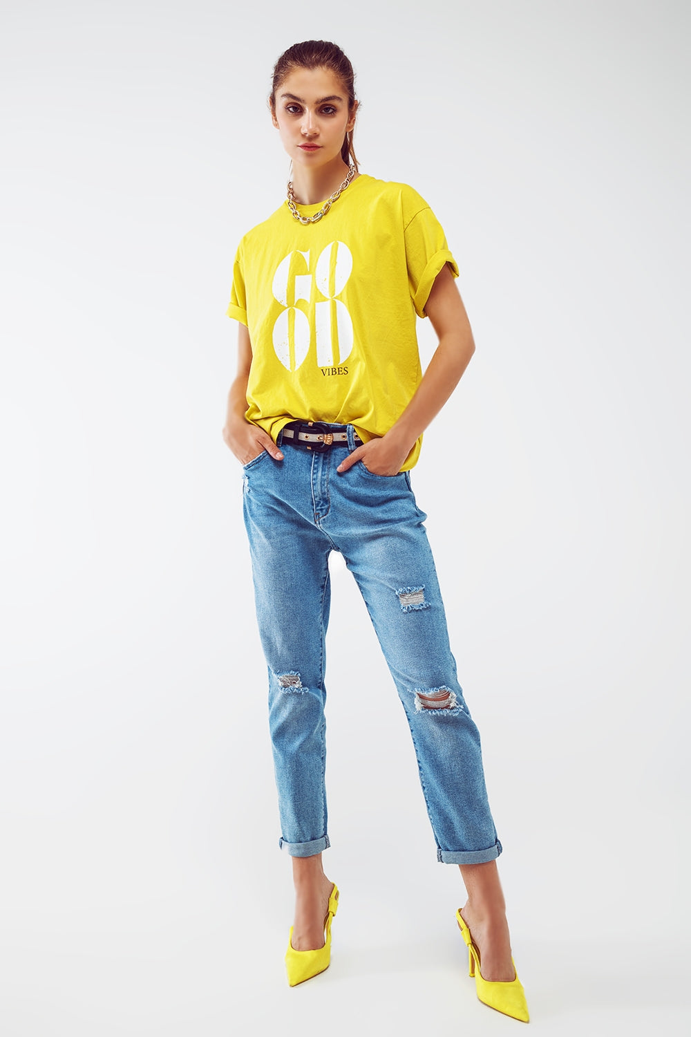 Distressed Regular Jeans in Light Blue Wash - Denim
