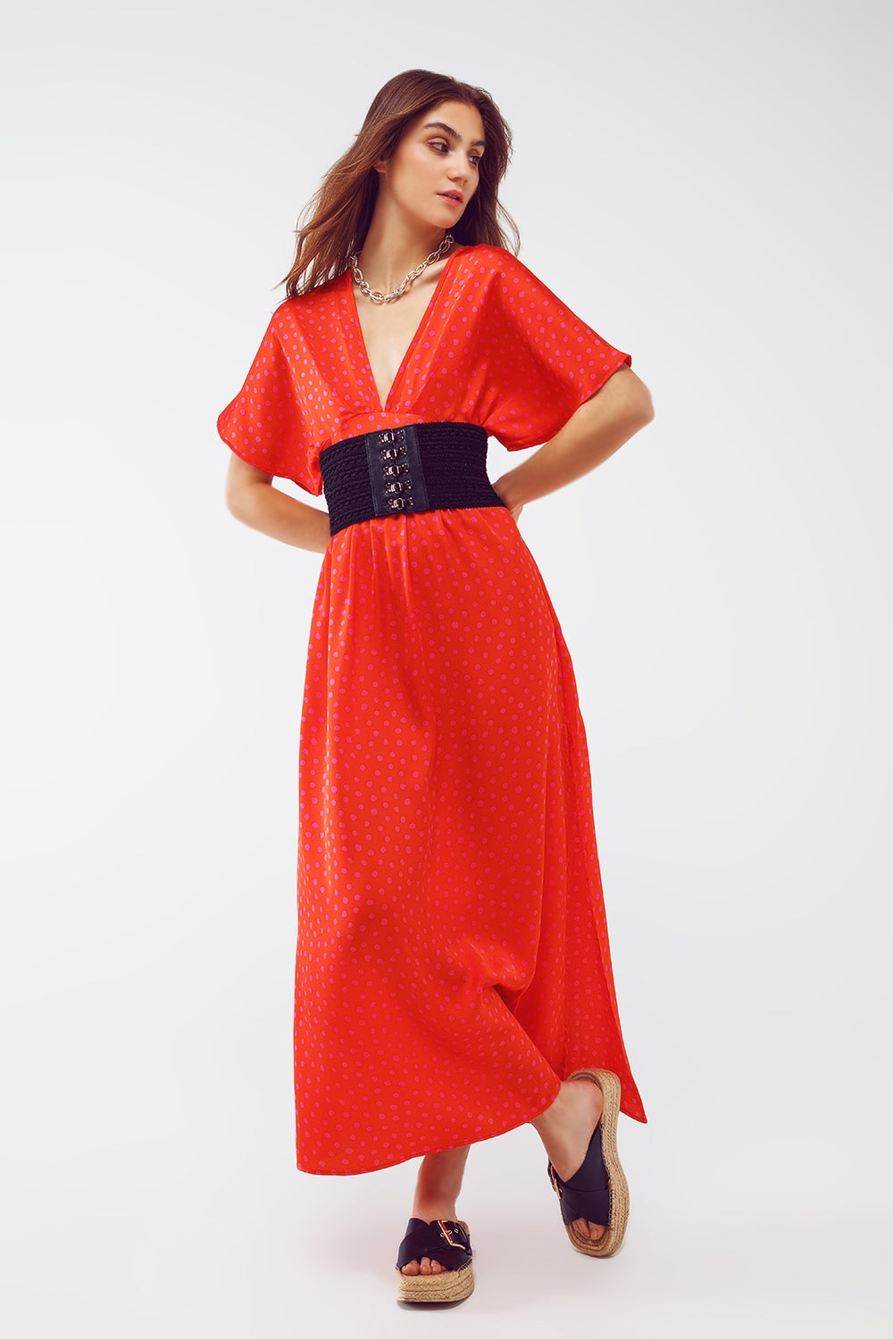 Maxi Cinched At The Waist Dress With Angel Sleeves In Red Polka Dot - dress