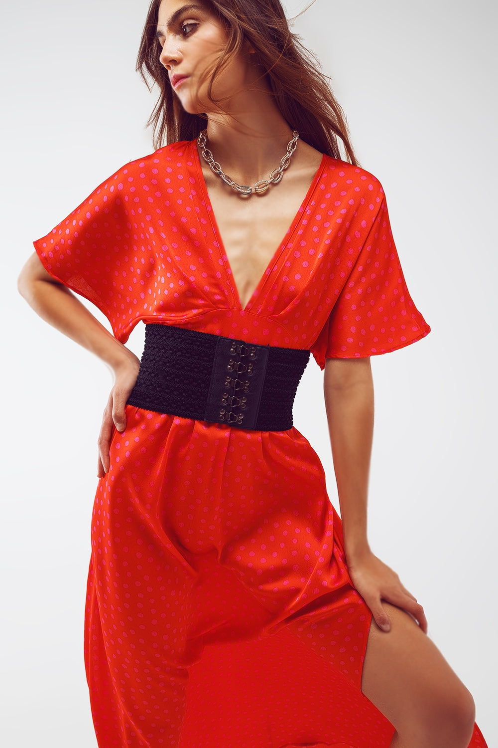 Maxi Cinched At The Waist Dress With Angel Sleeves In Red Polka Dot - dress