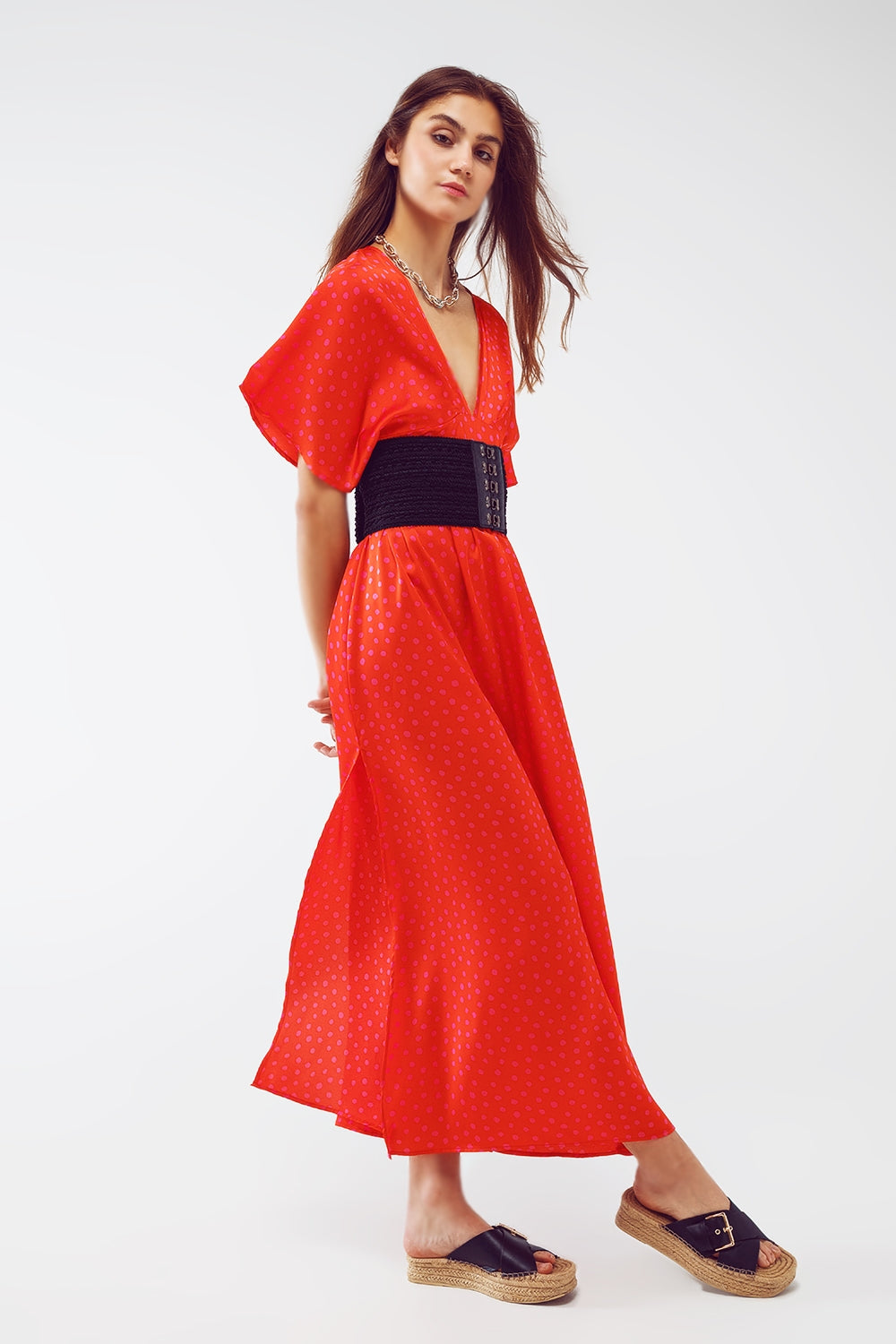 Maxi Cinched At The Waist Dress With Angel Sleeves In Red Polka Dot - dress