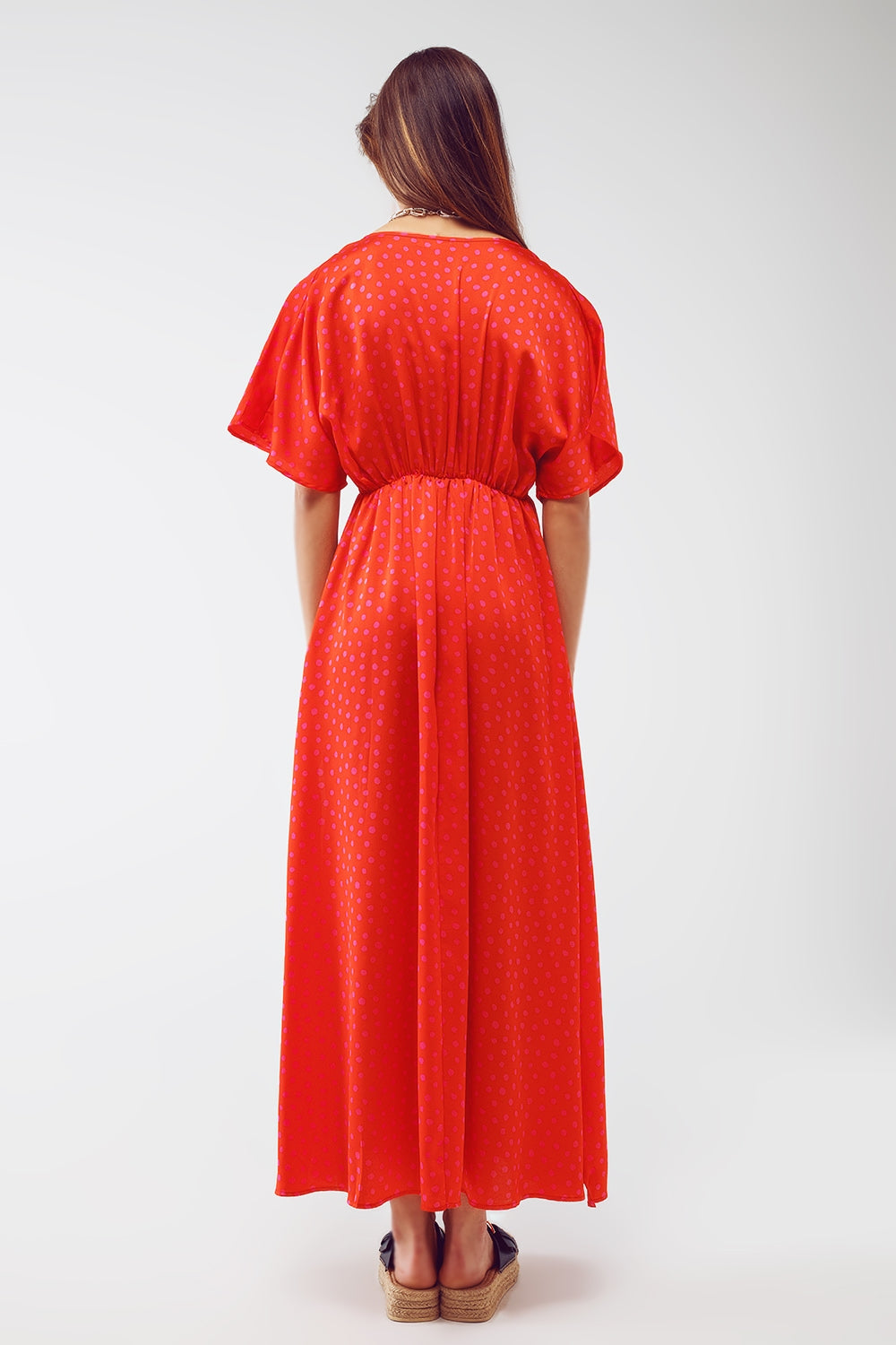 Maxi Cinched At The Waist Dress With Angel Sleeves In Red Polka Dot - dress