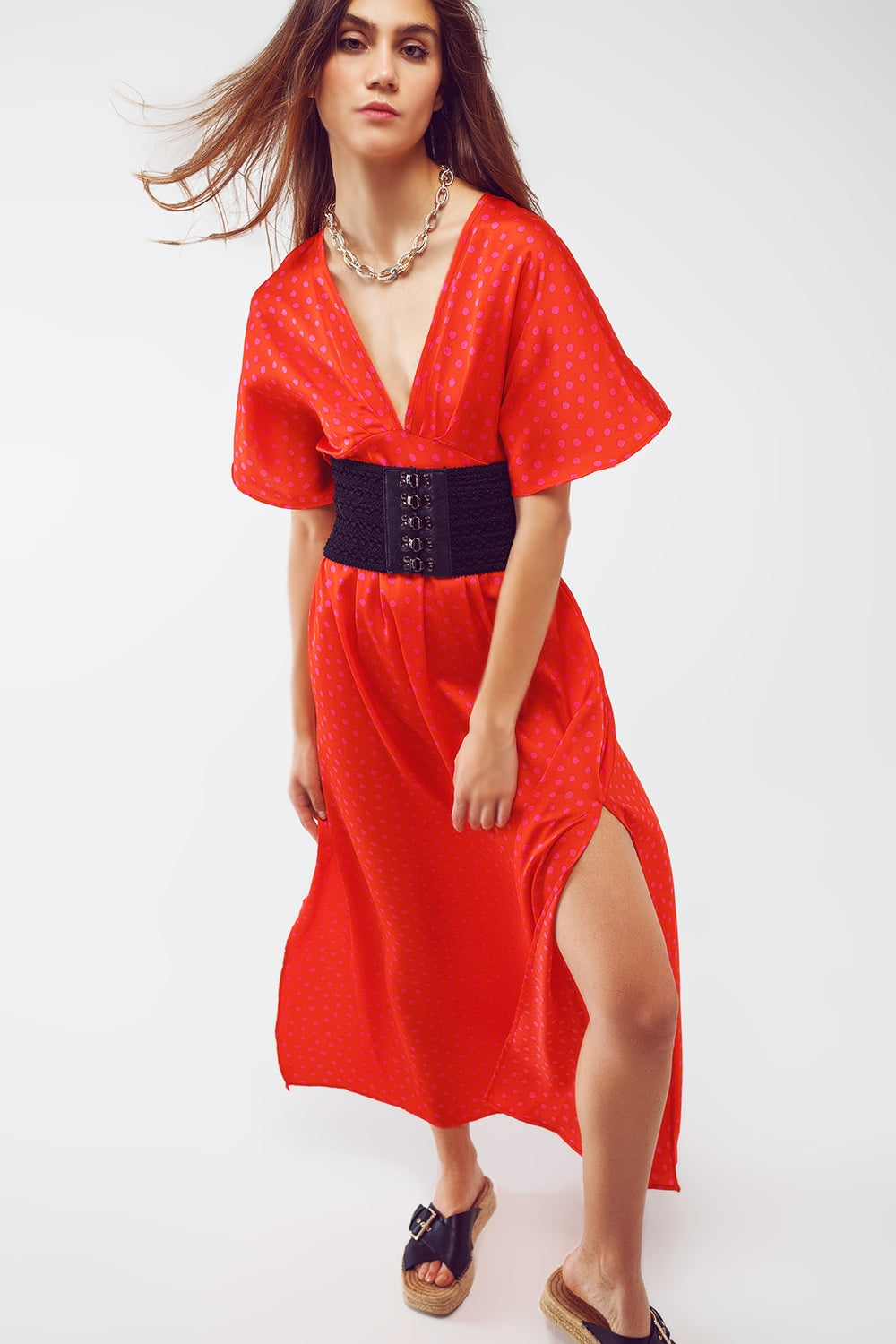 Maxi Cinched At The Waist Dress With Angel Sleeves In Red Polka Dot - dress
