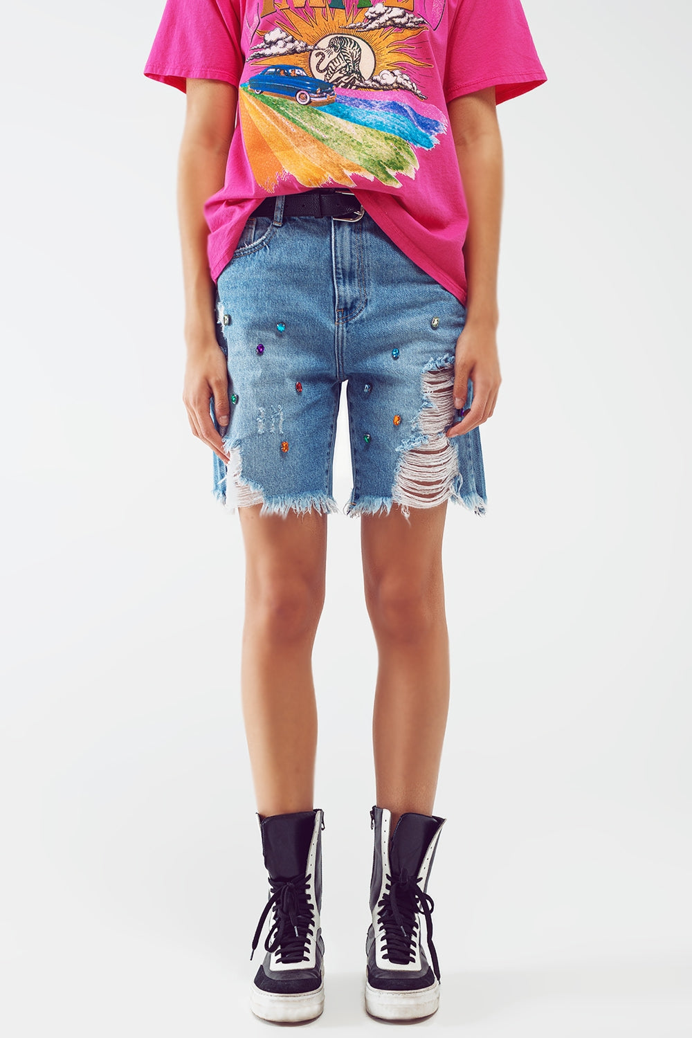 Distressed Embellished Bermuda Shorts in Light Wash - Denim