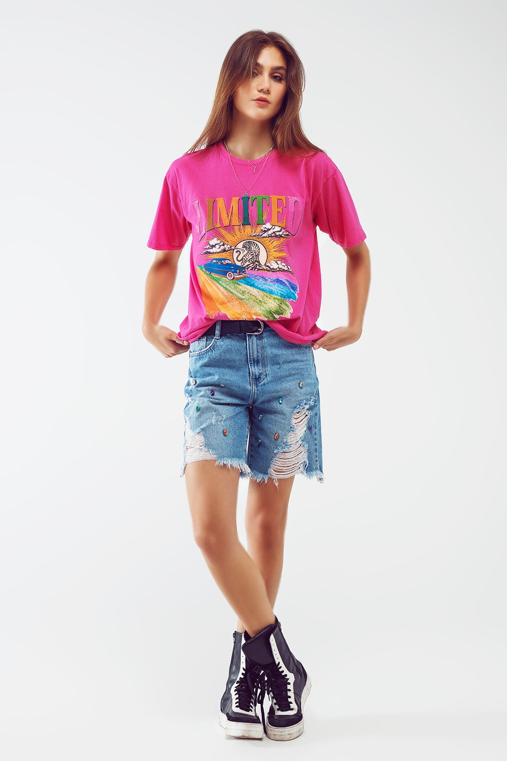 Distressed Embellished Bermuda Shorts in Light Wash - Denim