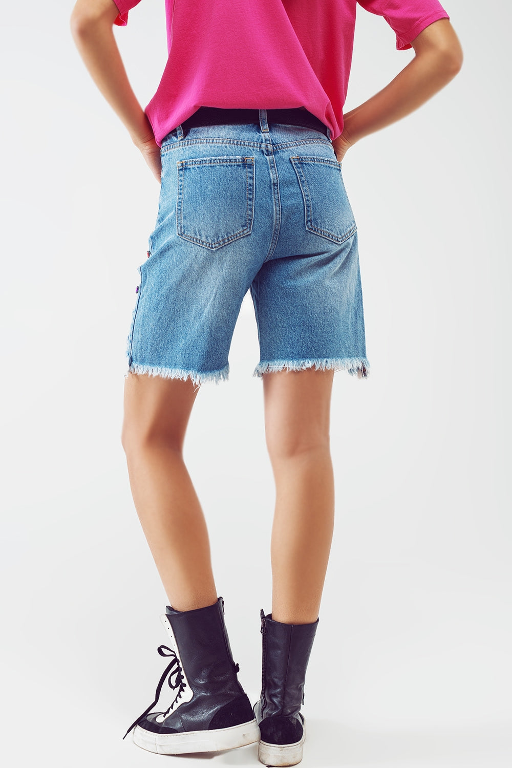 Distressed Embellished Bermuda Shorts in Light Wash - Denim