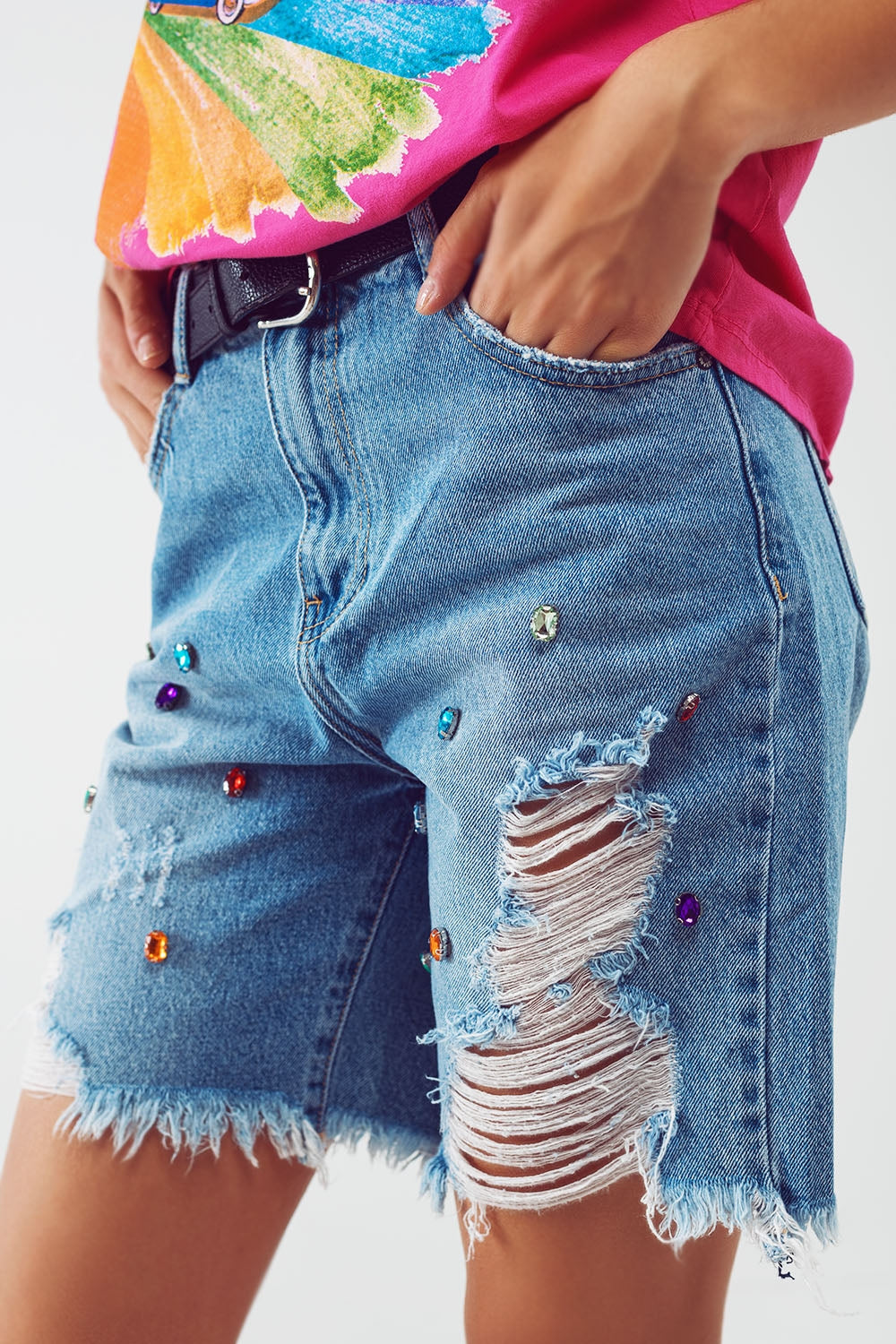Distressed Embellished Bermuda Shorts in Light Wash - Denim