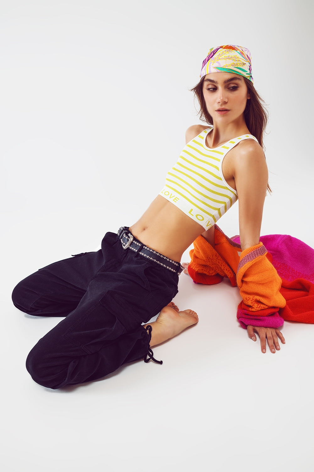 Striped Cropped Top with Love Text in Lime Green