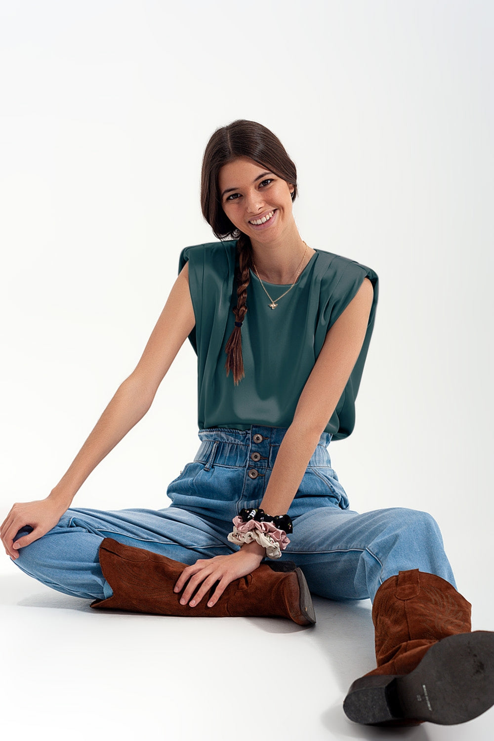 Gathered satin shoulder pad sleeveless top in green - top