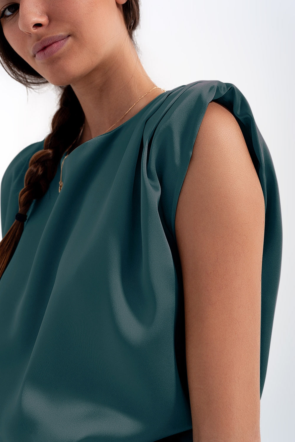 Gathered satin shoulder pad sleeveless top in green - top