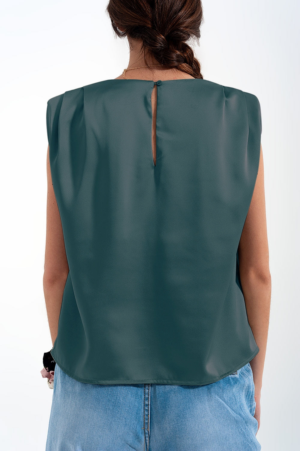 Gathered satin shoulder pad sleeveless top in green - top