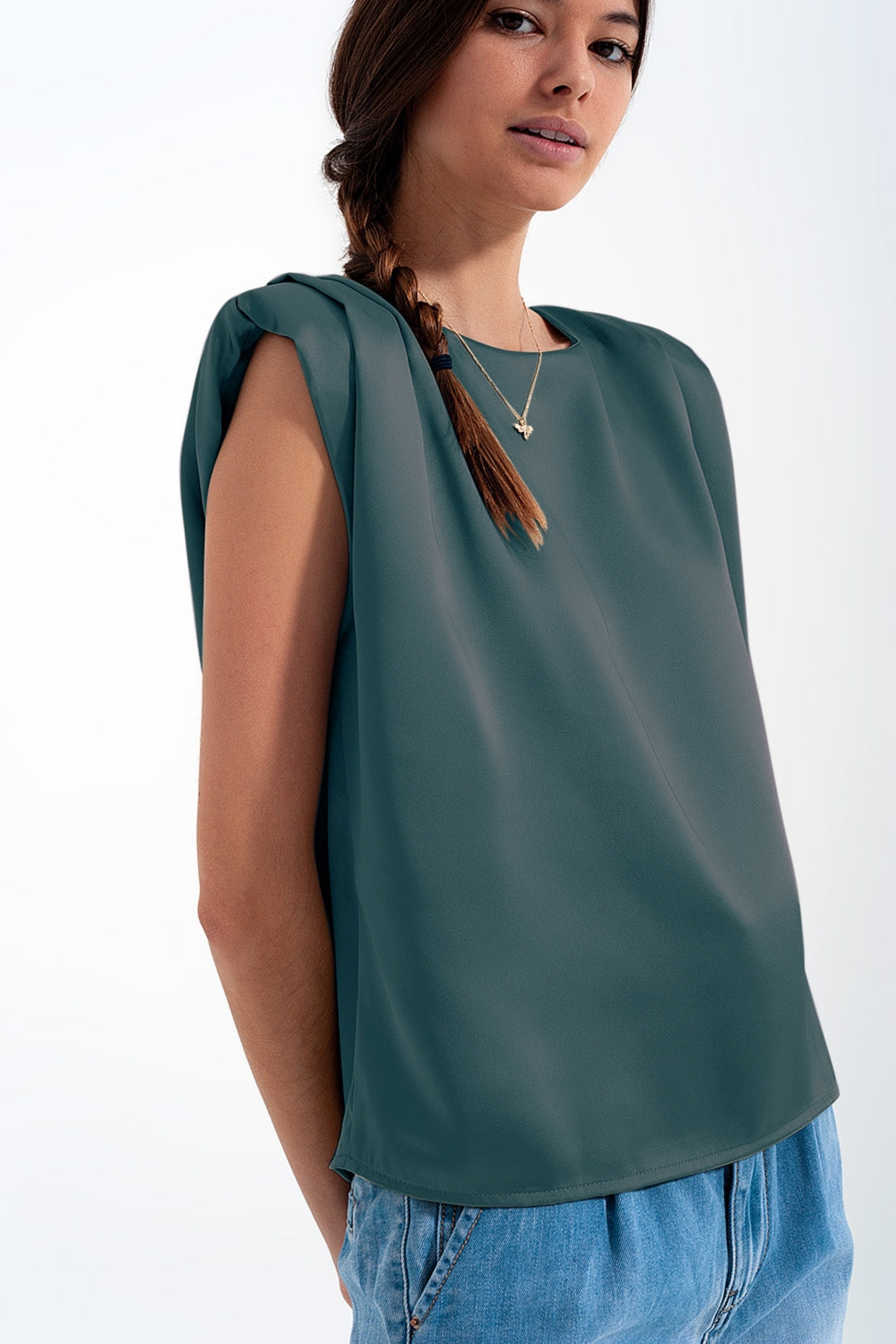 Gathered satin shoulder pad sleeveless top in green - top
