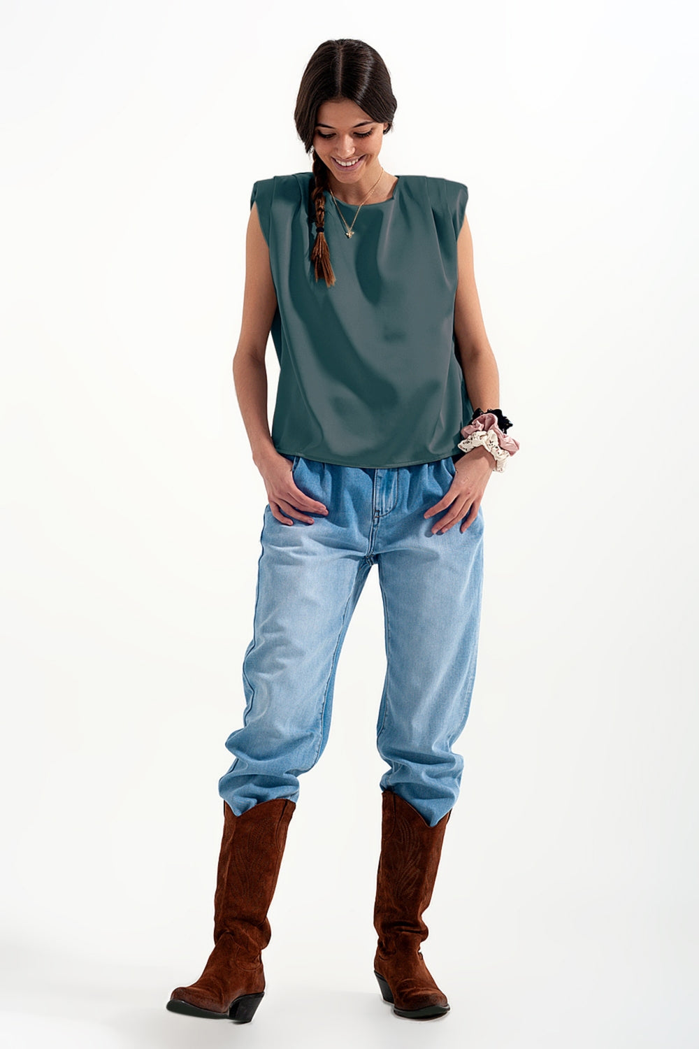 Gathered satin shoulder pad sleeveless top in green - top