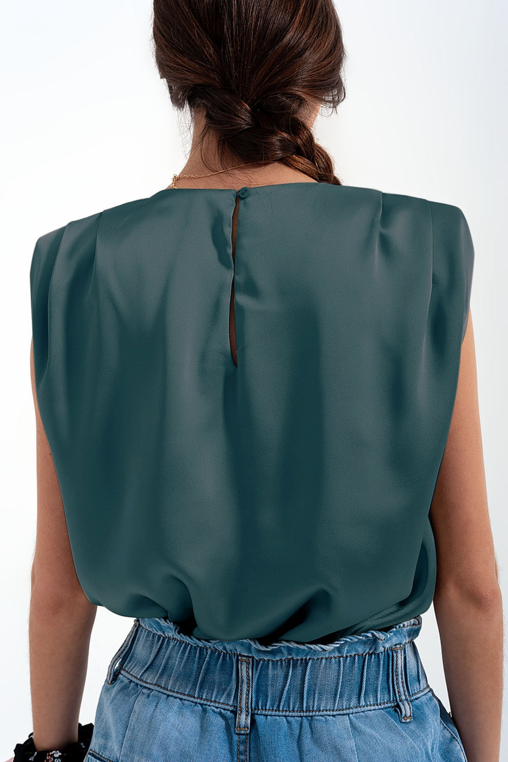 Gathered satin shoulder pad sleeveless top in green - top
