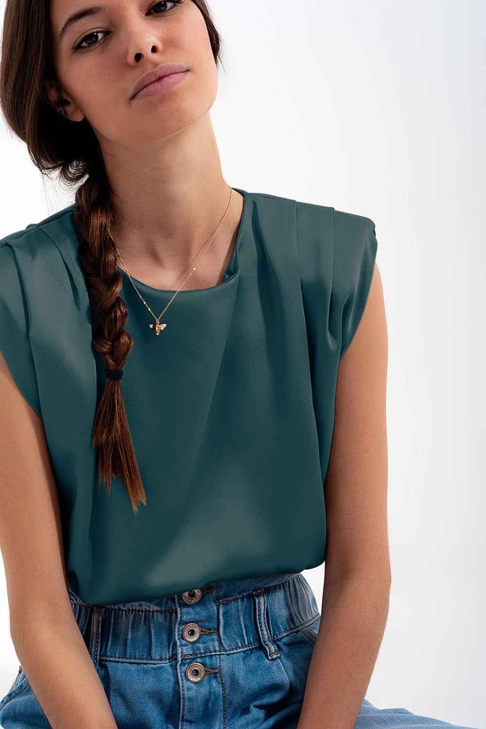 Gathered satin shoulder pad sleeveless top in green - top
