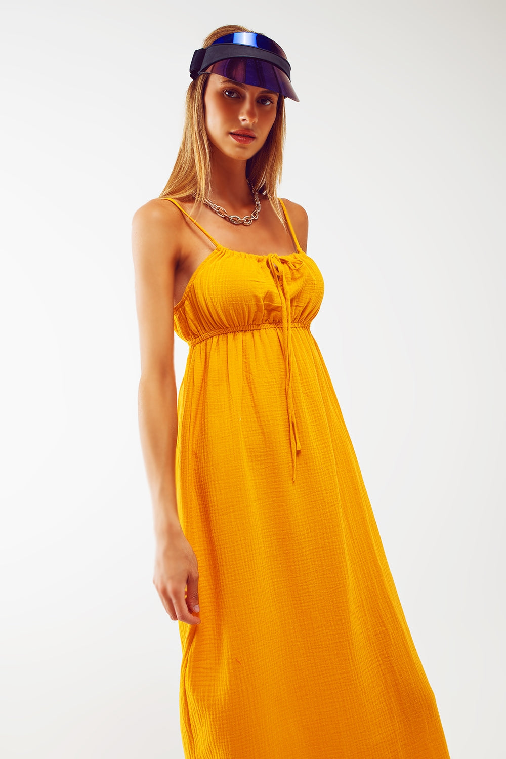 maxi yellow summer dress with straps and gathered waist - dress