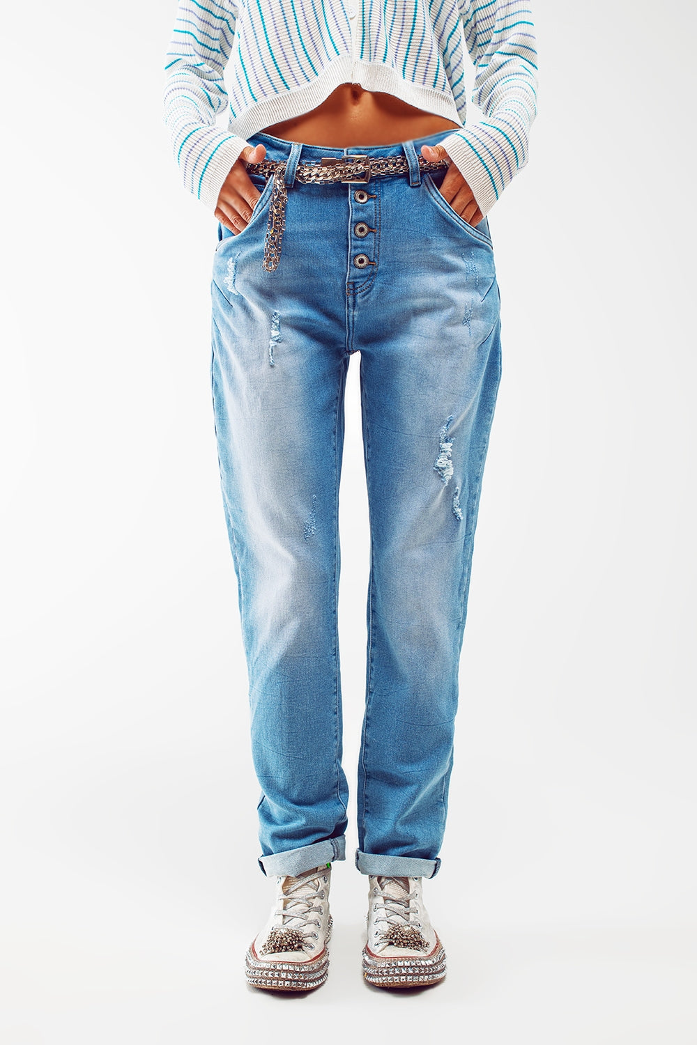 High waist button detail mom jeans - Denim