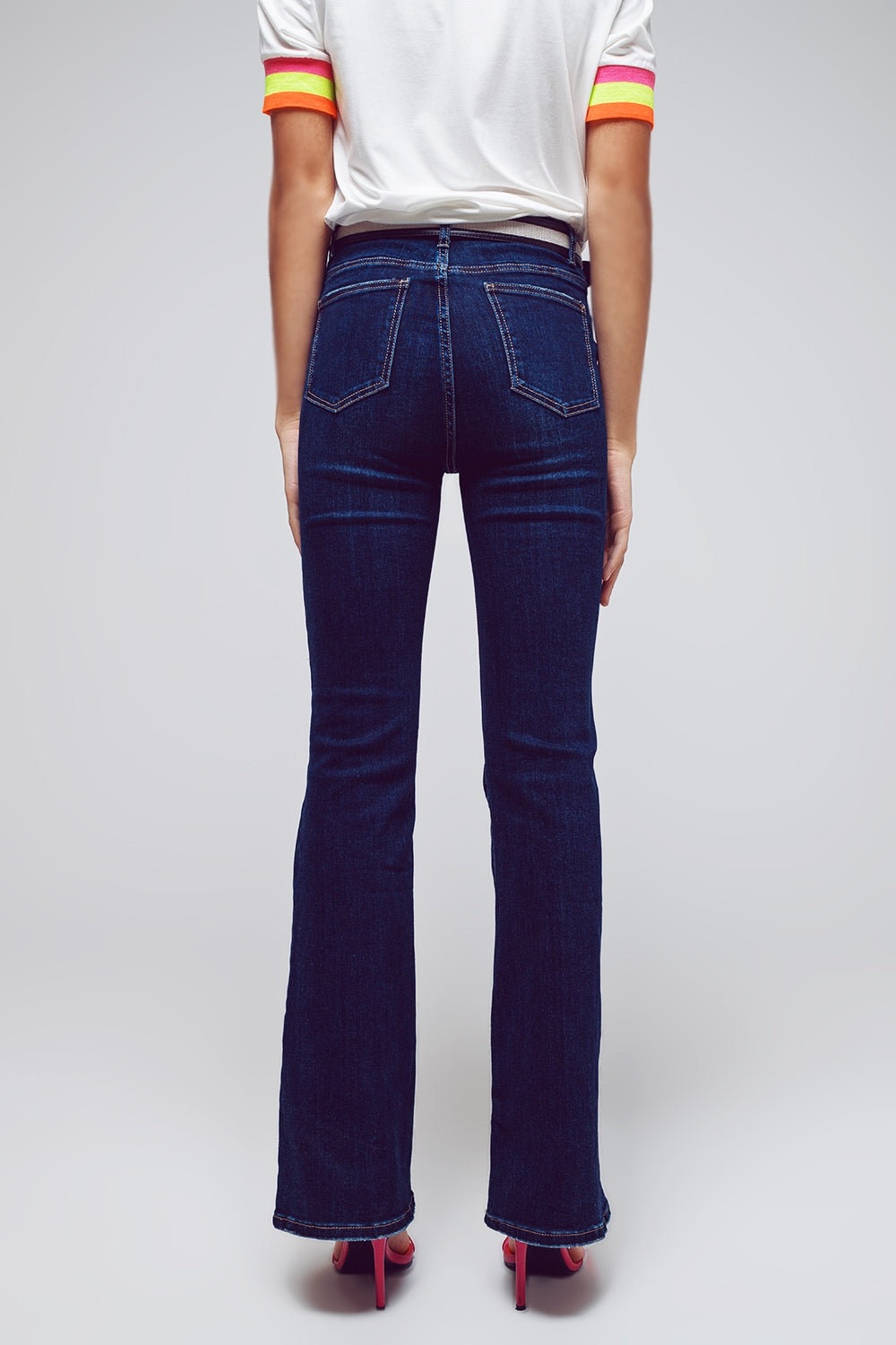 High Waisted Flared Jeans In Dark Wash - Denim