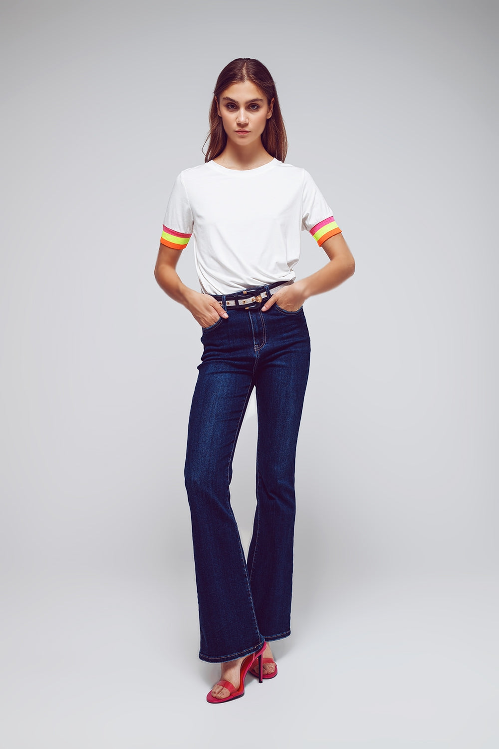 High Waisted Flared Jeans In Dark Wash - Denim