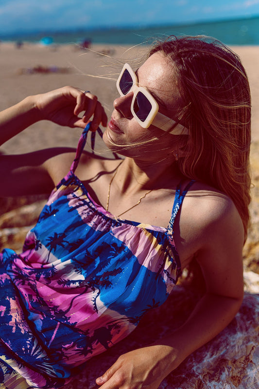 Relaxed Open Back Maxi Dress In Tropical Blue Print - dress