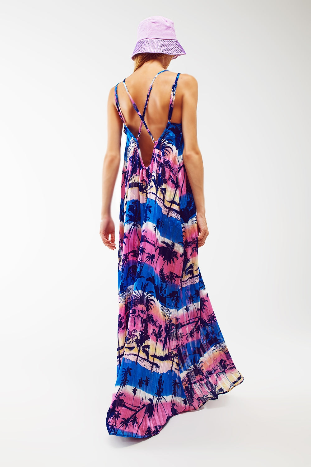 Relaxed Open Back Maxi Dress In Tropical Blue Print - dress
