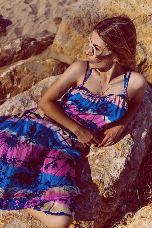Relaxed Open Back Maxi Dress In Tropical Blue Print - dress