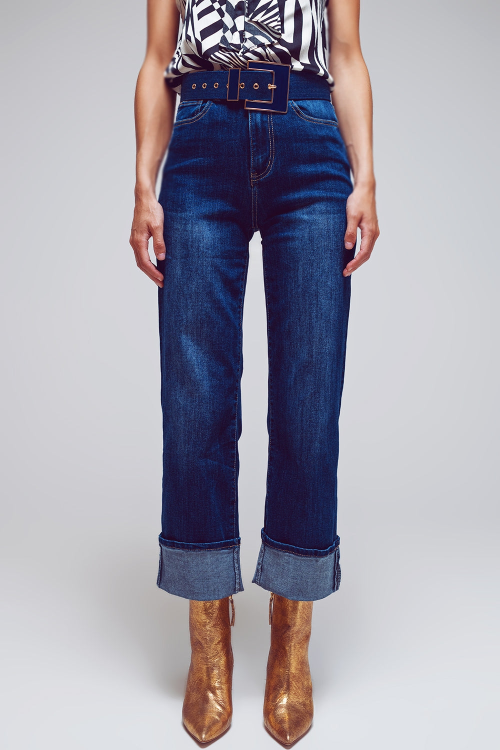 Straight Jeans with Folded Hem in Mid Blue Wash - Denim