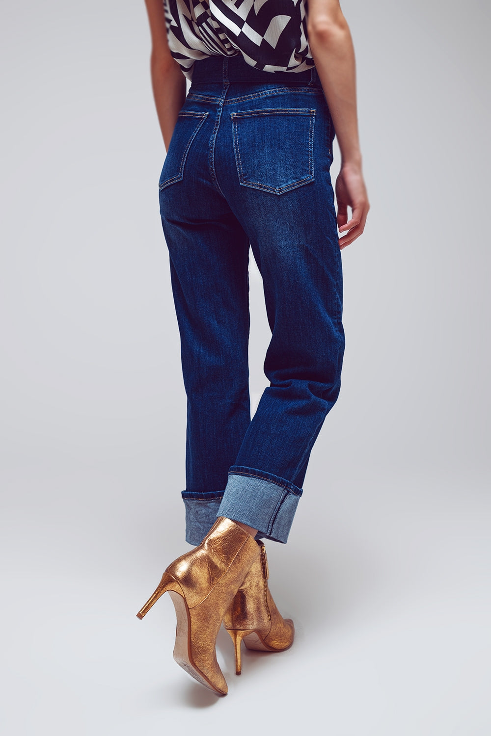 Straight Jeans with Folded Hem in Mid Blue Wash - Denim