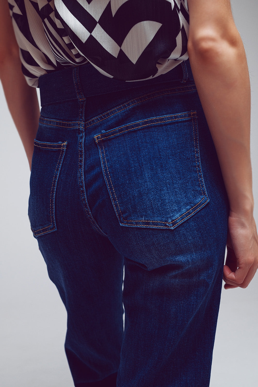 Straight Jeans with Folded Hem in Mid Blue Wash - Denim
