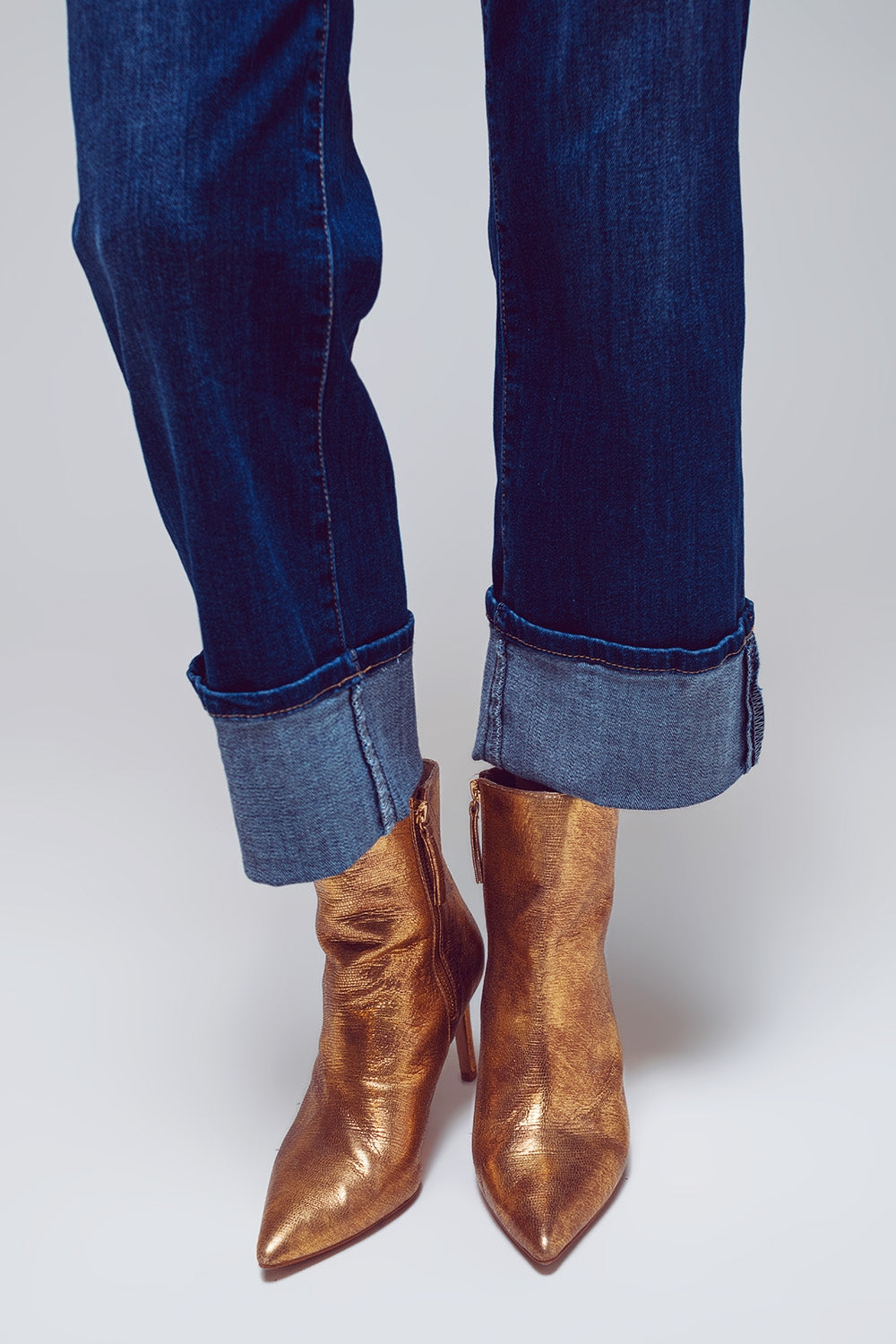 Straight Jeans with Folded Hem in Mid Blue Wash - Denim
