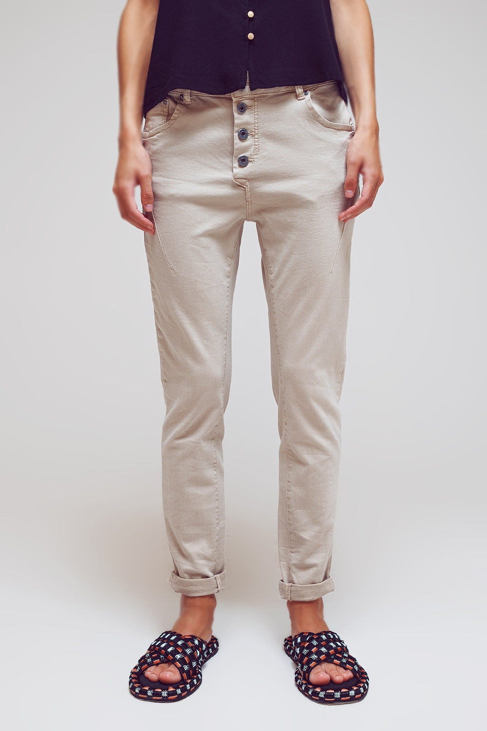 Exposed buttons skinny jeans in beige - Coloured Jeans
