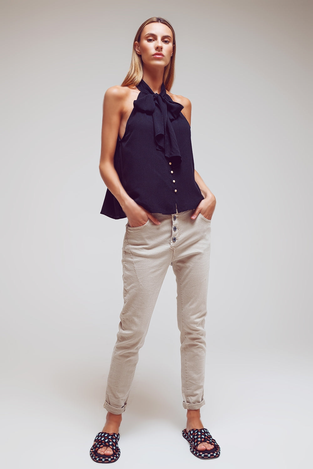 Exposed buttons skinny jeans in beige - Coloured Jeans
