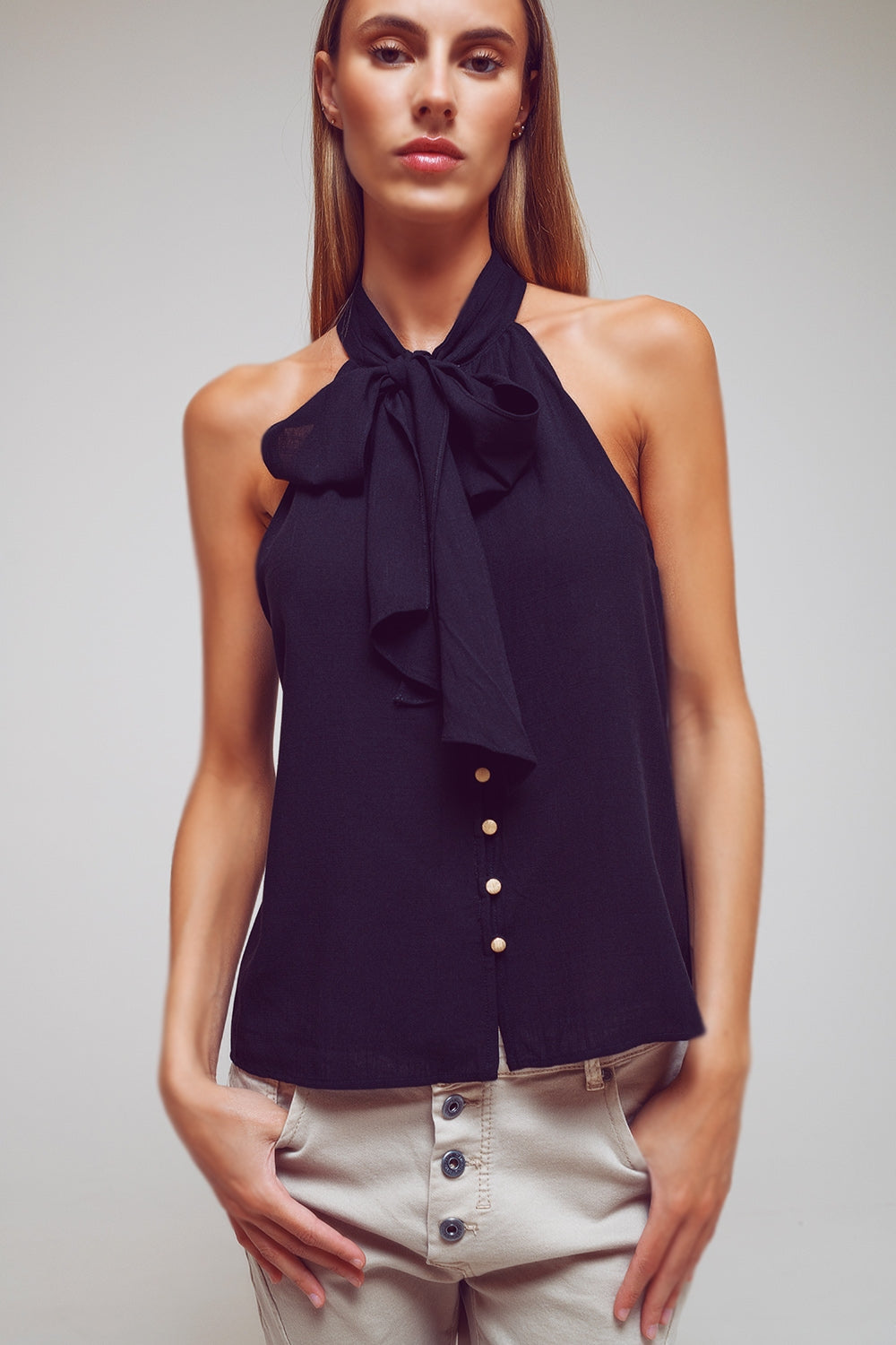 Halter Top With Tie Neck in Black - Shirts, top