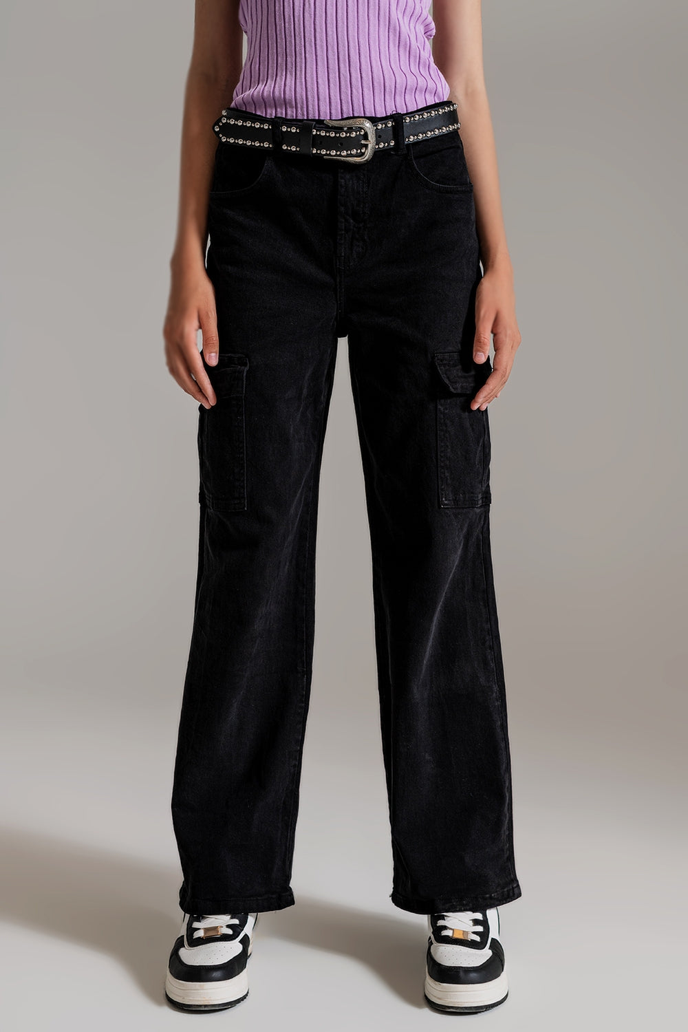 Straight Leg Cargo Jeans in Black - Coloured Jeans