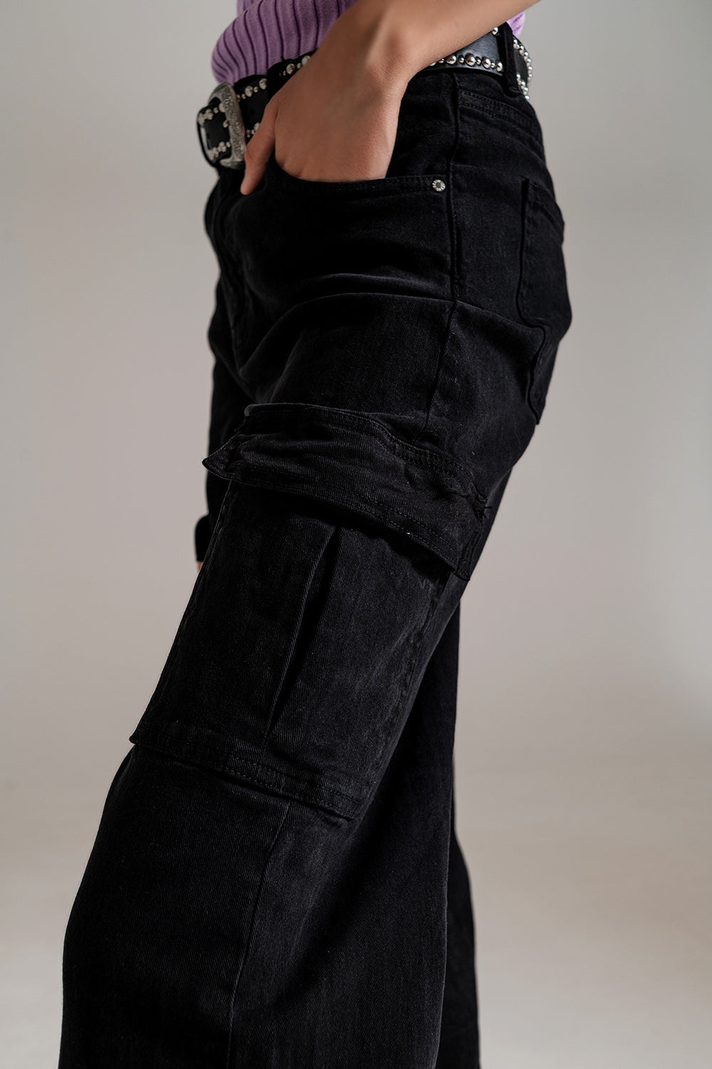 Straight Leg Cargo Jeans in Black - Coloured Jeans