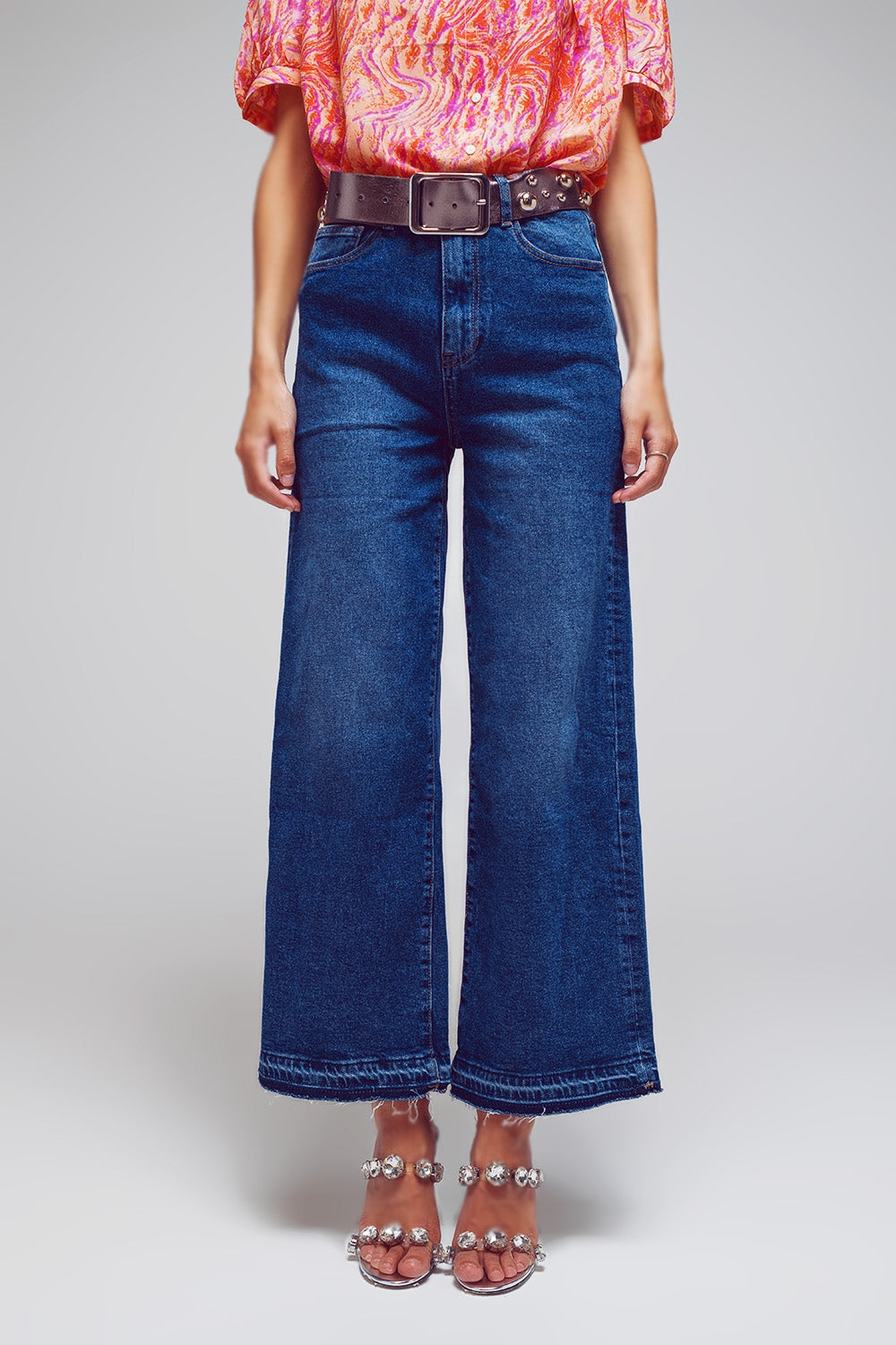 Wide Leg Jeans With Hem Detail in Mid Wash - Denim