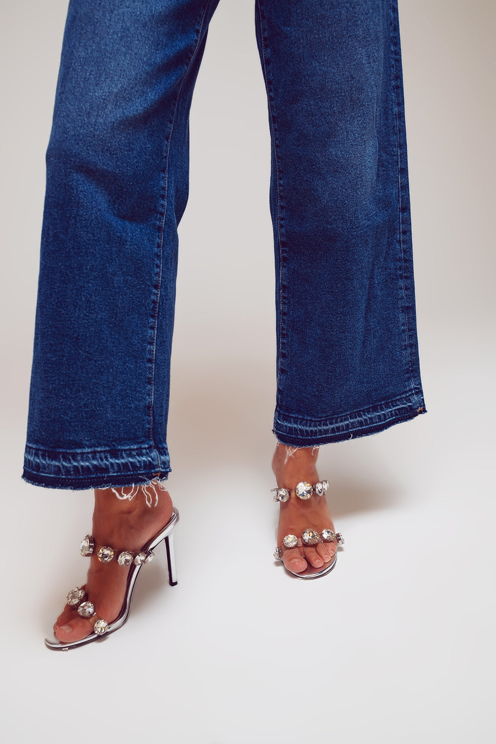 Wide Leg Jeans With Hem Detail in Mid Wash - Denim