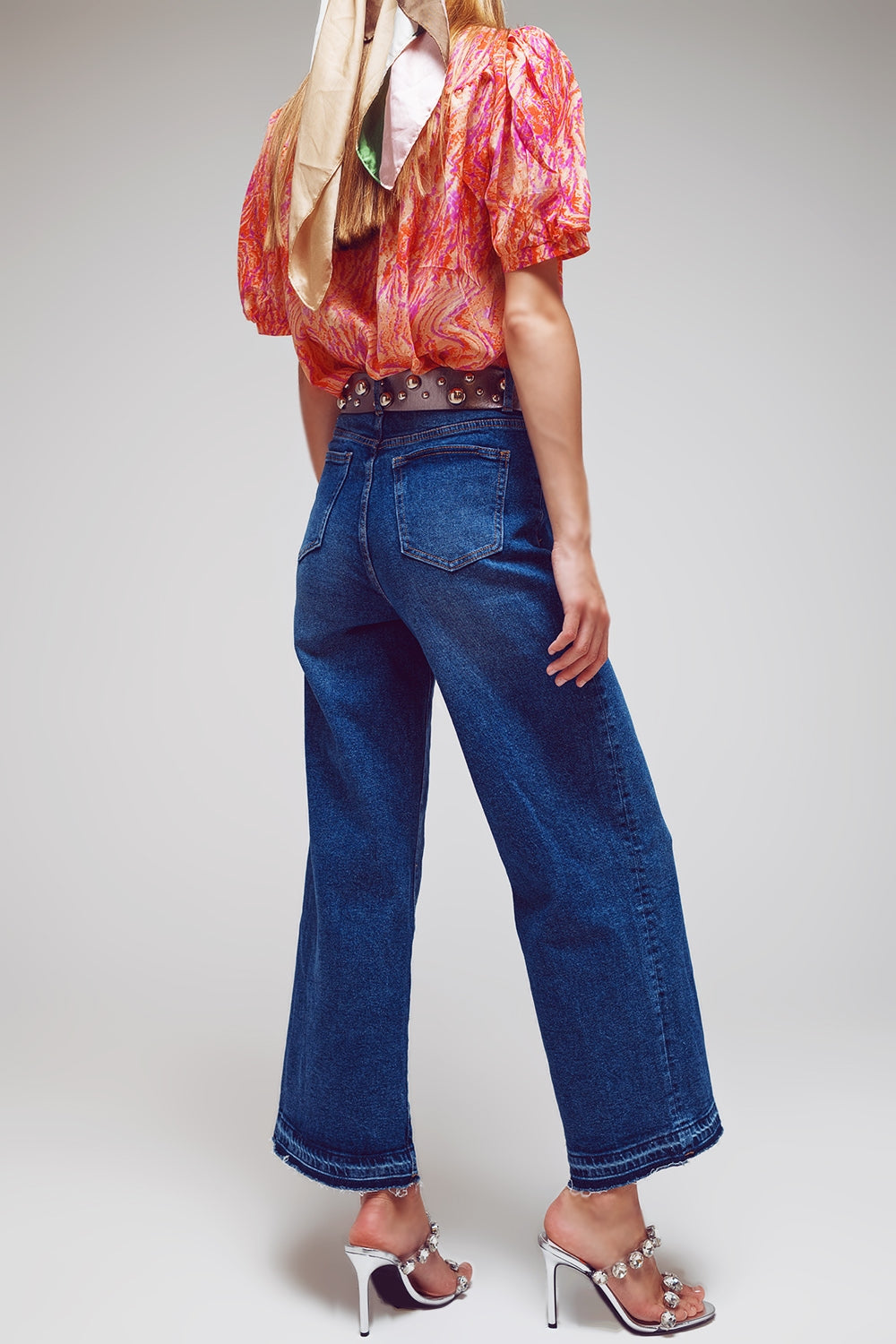 Wide Leg Jeans With Hem Detail in Mid Wash - Denim