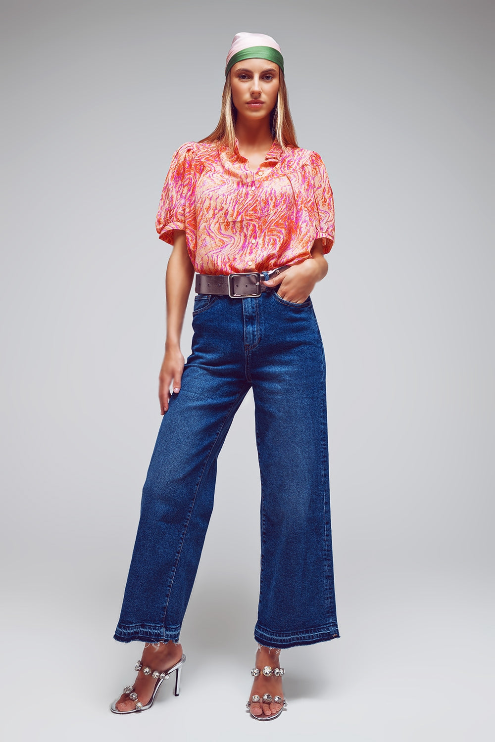 Wide Leg Jeans With Hem Detail in Mid Wash - Denim