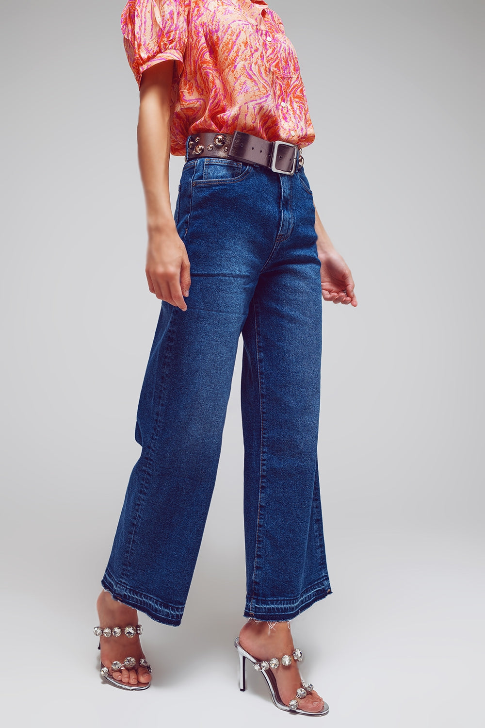Wide Leg Jeans With Hem Detail in Mid Wash - Denim