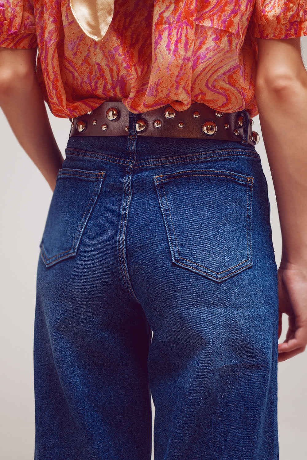 Wide Leg Jeans With Hem Detail in Mid Wash - Denim
