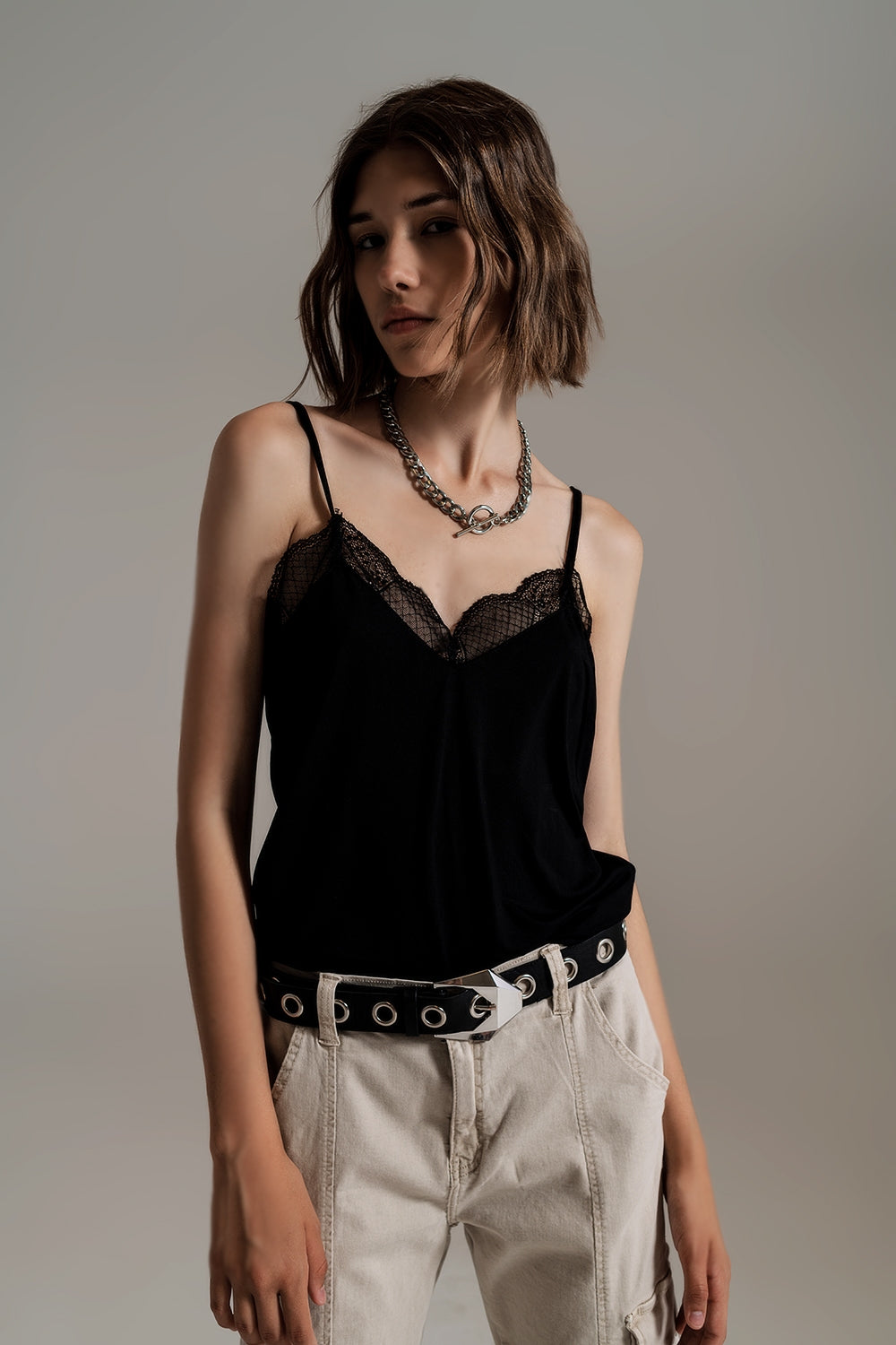 Lace detail cami top in black