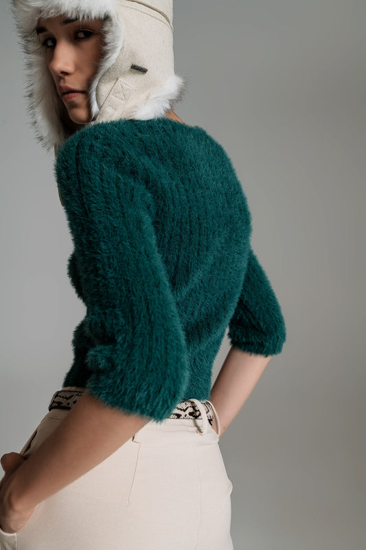 Dark green fluffy knit sweater with 3/4 sleeves - jumper