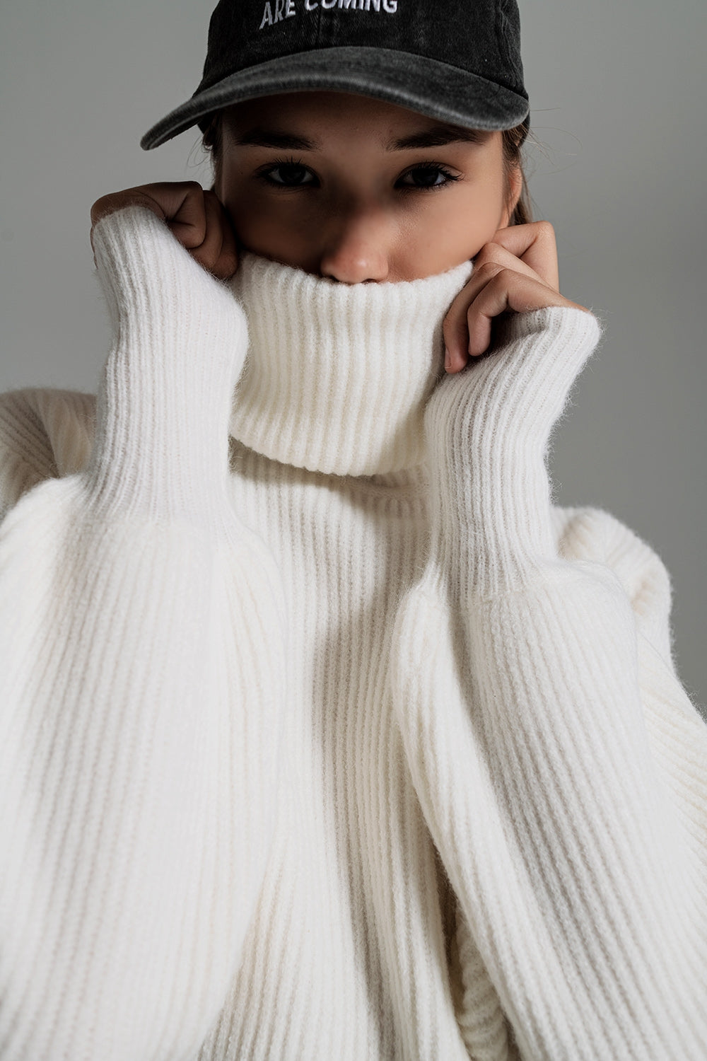 Cream ribbed knit turtleneck jumper with balloon sleeves