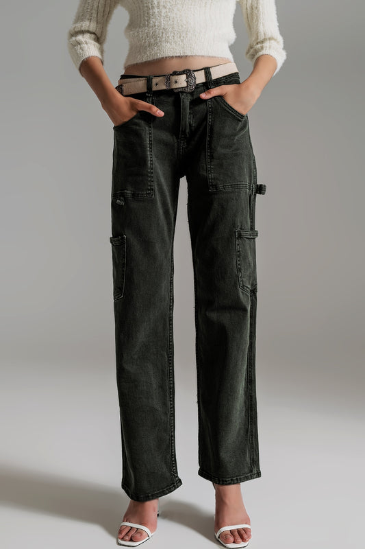 Straight Leg Cargo Pants in dark green - Coloured Jeans