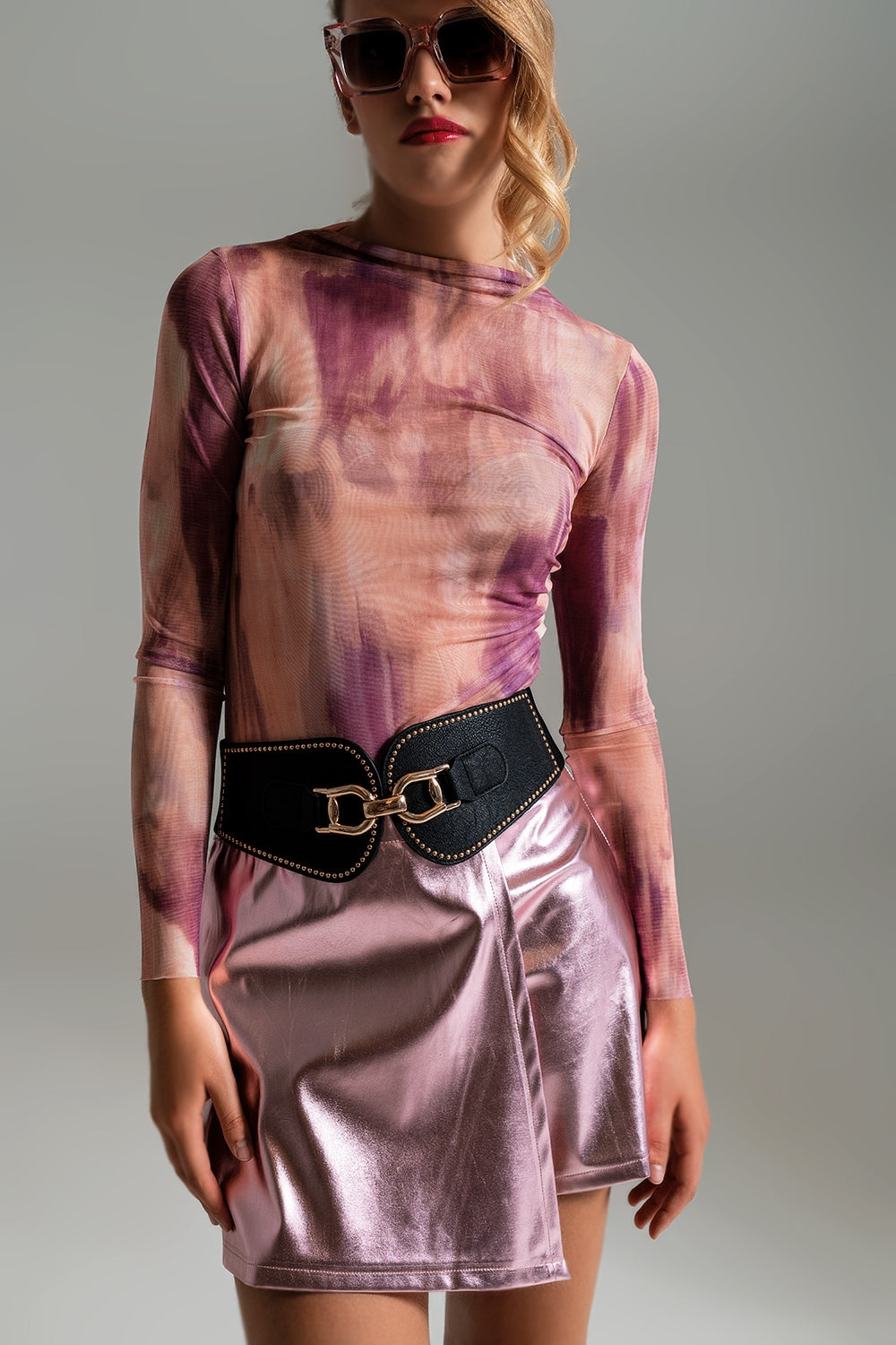 Mesh Top Rouched At The Side In Abstract Pink Print - top