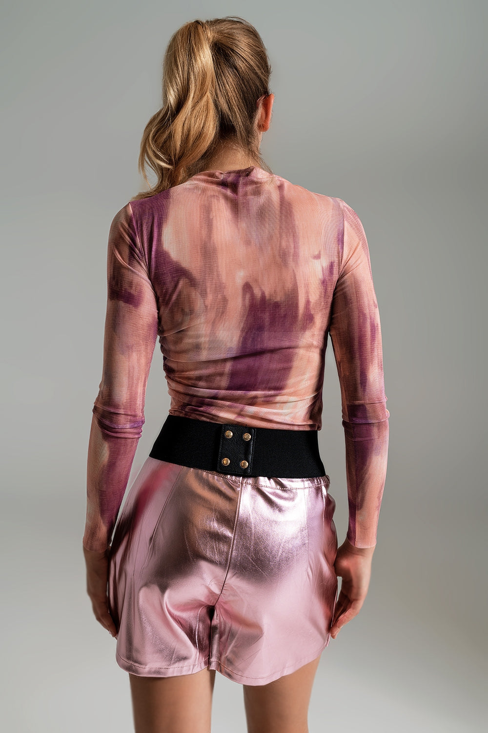 Mesh Top Rouched At The Side In Abstract Pink Print - top